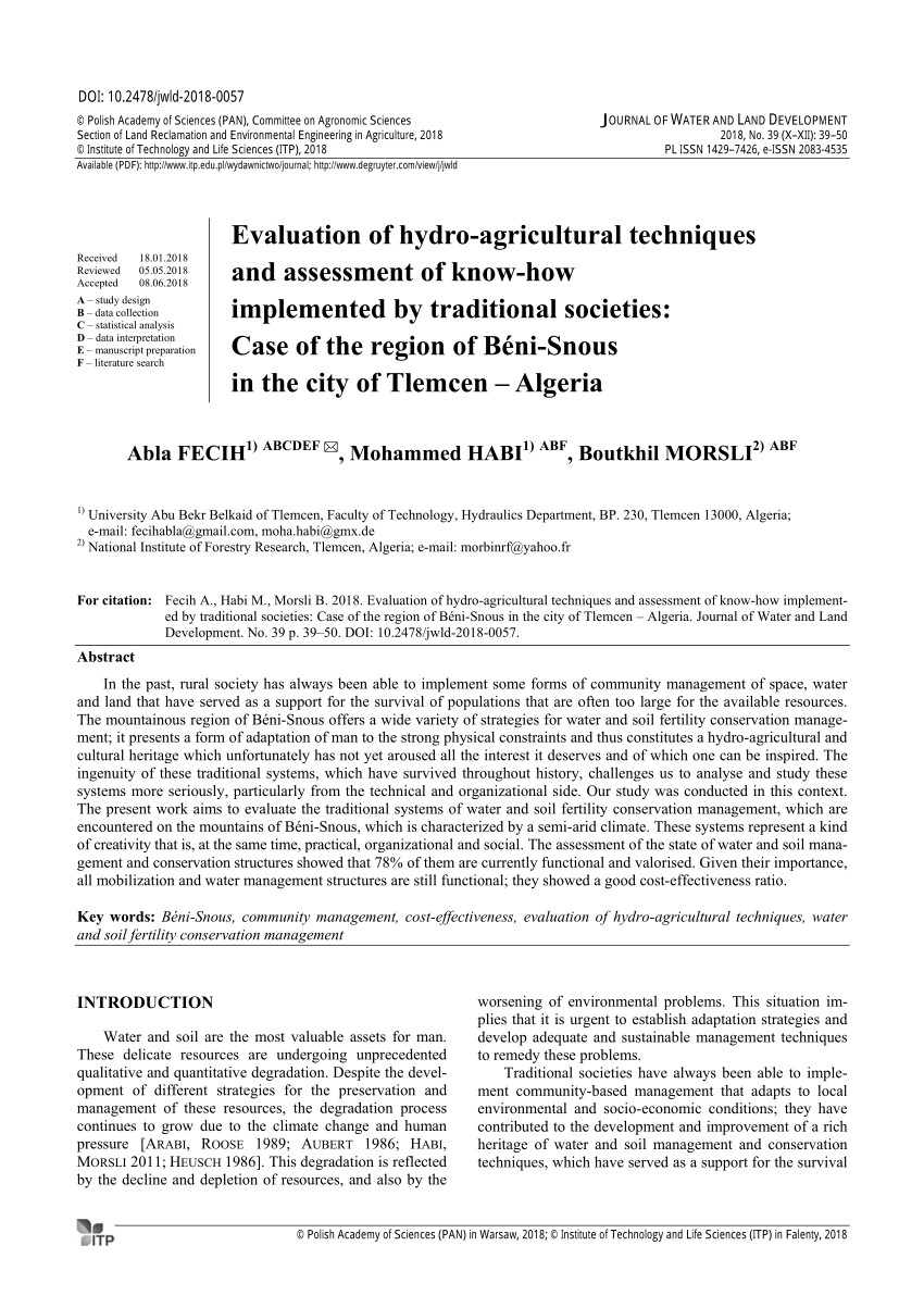 Pdf Evaluation Of Hydro Agricultural Techniques And Assessment Of Know How Implemented By Traditional Societies Case Of The Region Of Beni Snous In The City Of Tlemcen Algeria
