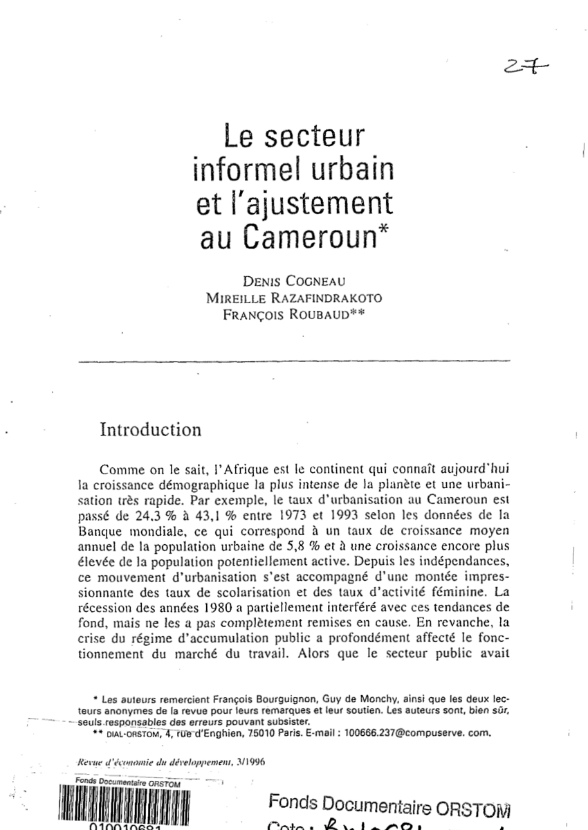 (PDF) Le secteur informel urbain et l'ajustement au Cameroun