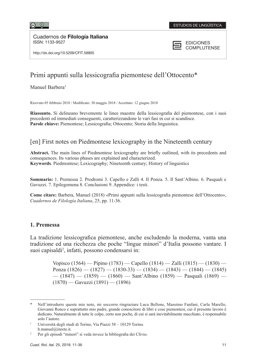 PDF) Primi appunti sulla lessicografia piemontese dell'Ottocento