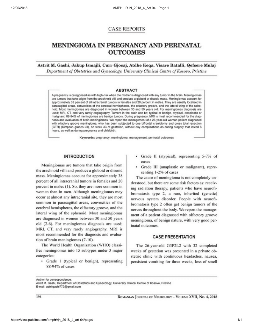 PDF) Meningioma in Pregnancy and Perinatal Outcomes