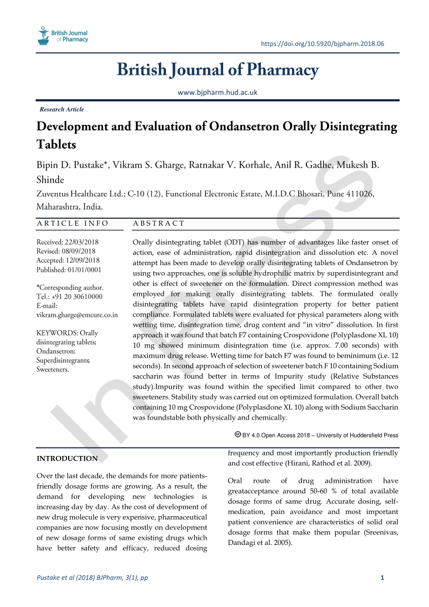 Pdf Development And Evaluation Of Ondansetron Orally Disintegrating Tablets