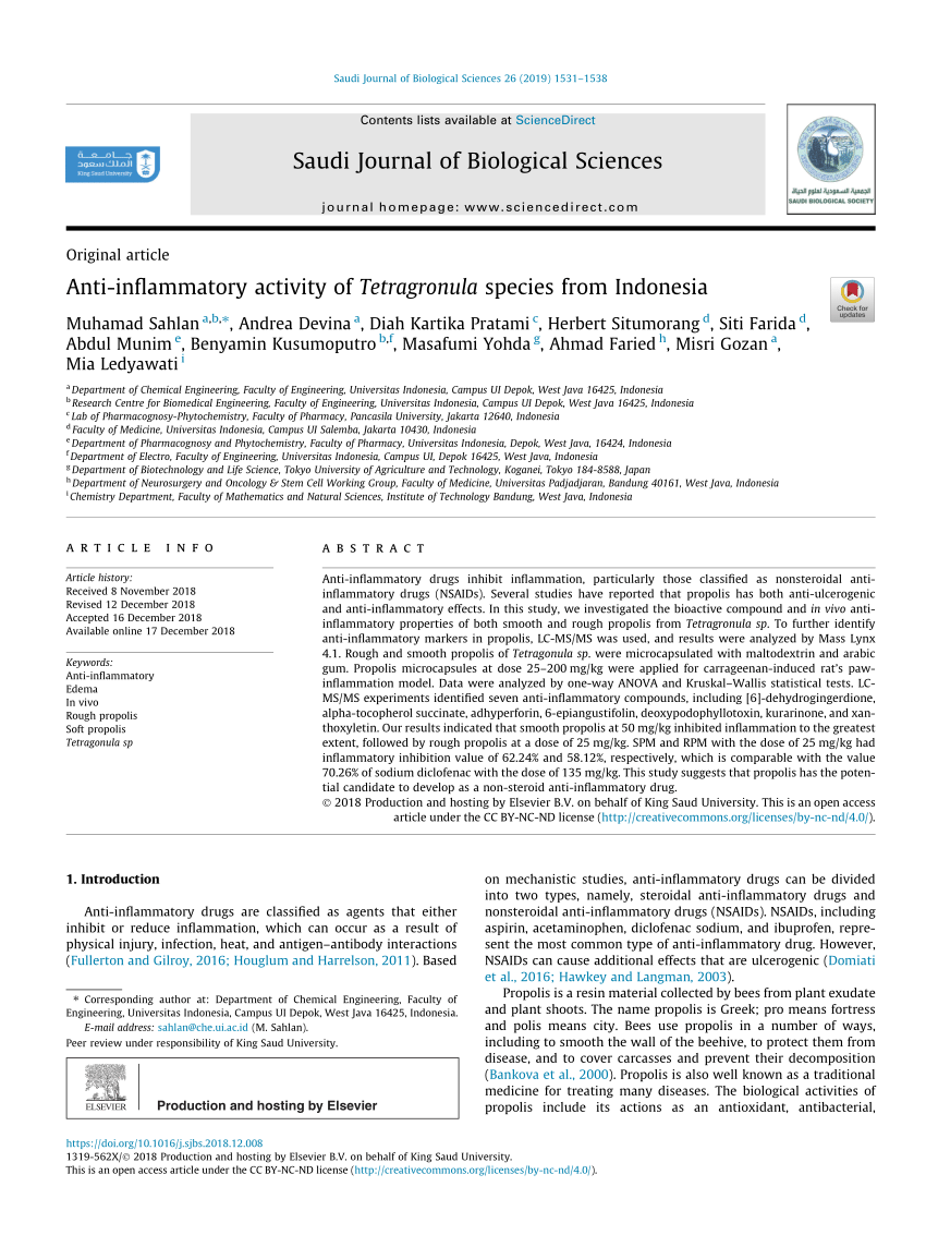 Pdf Anti Inflammatory Activity Of Tetragronula Species From Indonesia