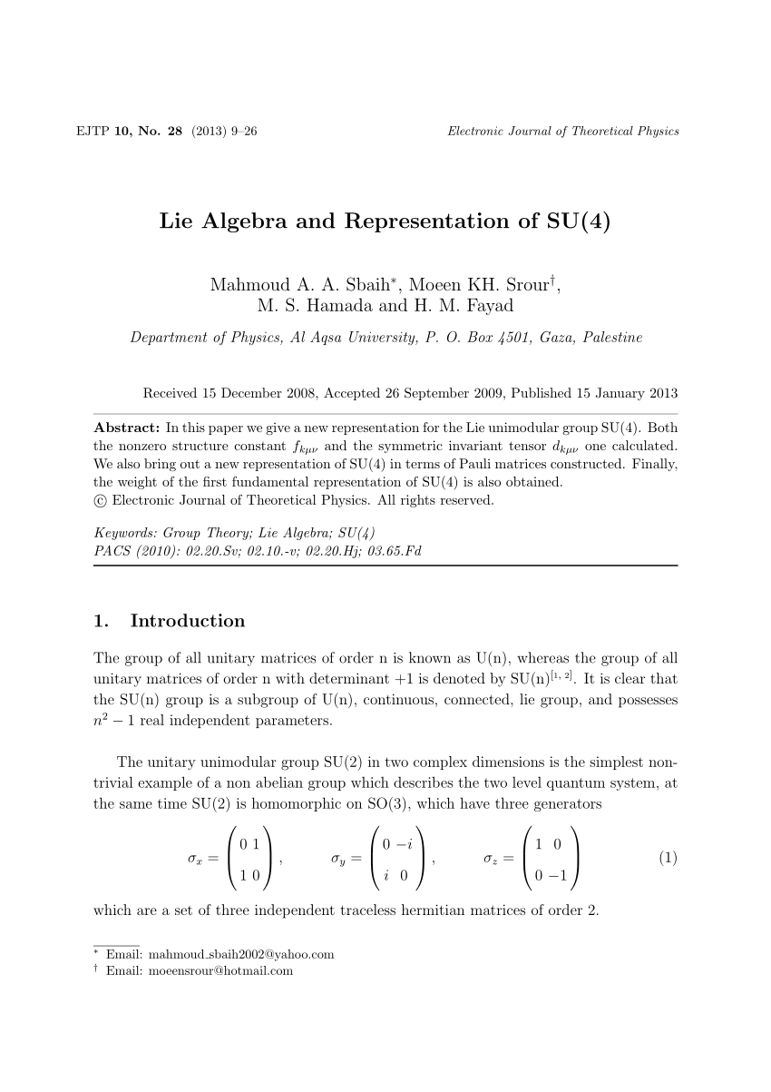 Pdf Lie Algebra And Representation Of Su 4