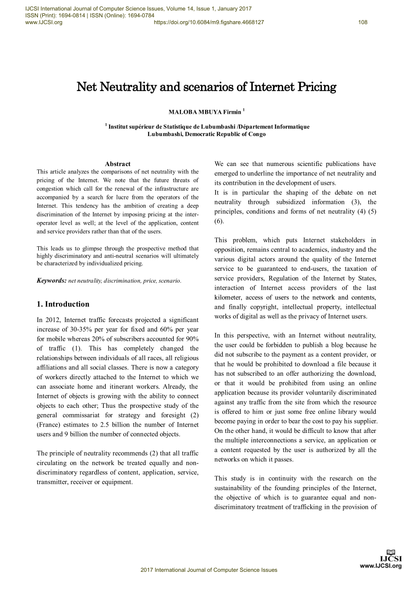 Pdf Net Neutrality And Scenarios Of Internet Pricing