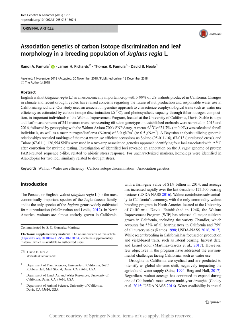 Pdf Association Genetics Of Carbon Isotope Discrimination And Leaf Morphology In A Breeding Population Of Juglans Regia L