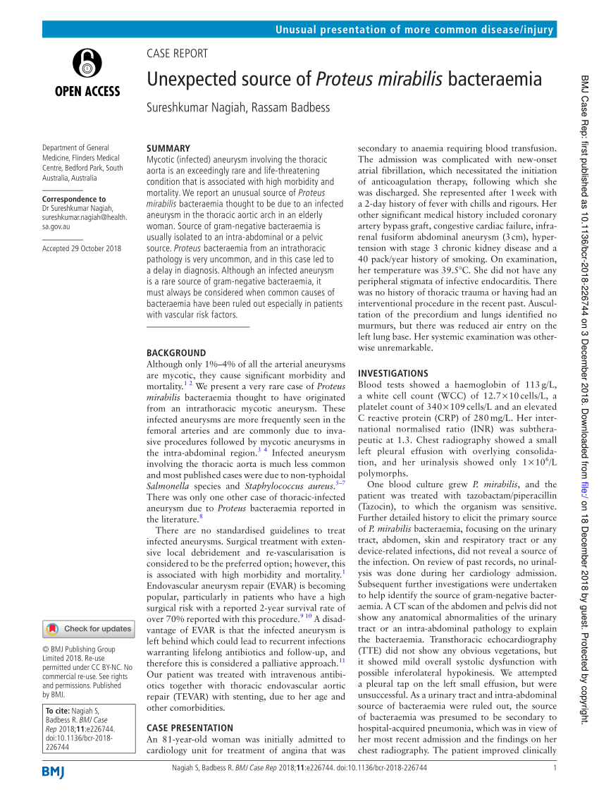 Pdf Unexpected Source Of Proteus Mirabilis Bacteraemia 