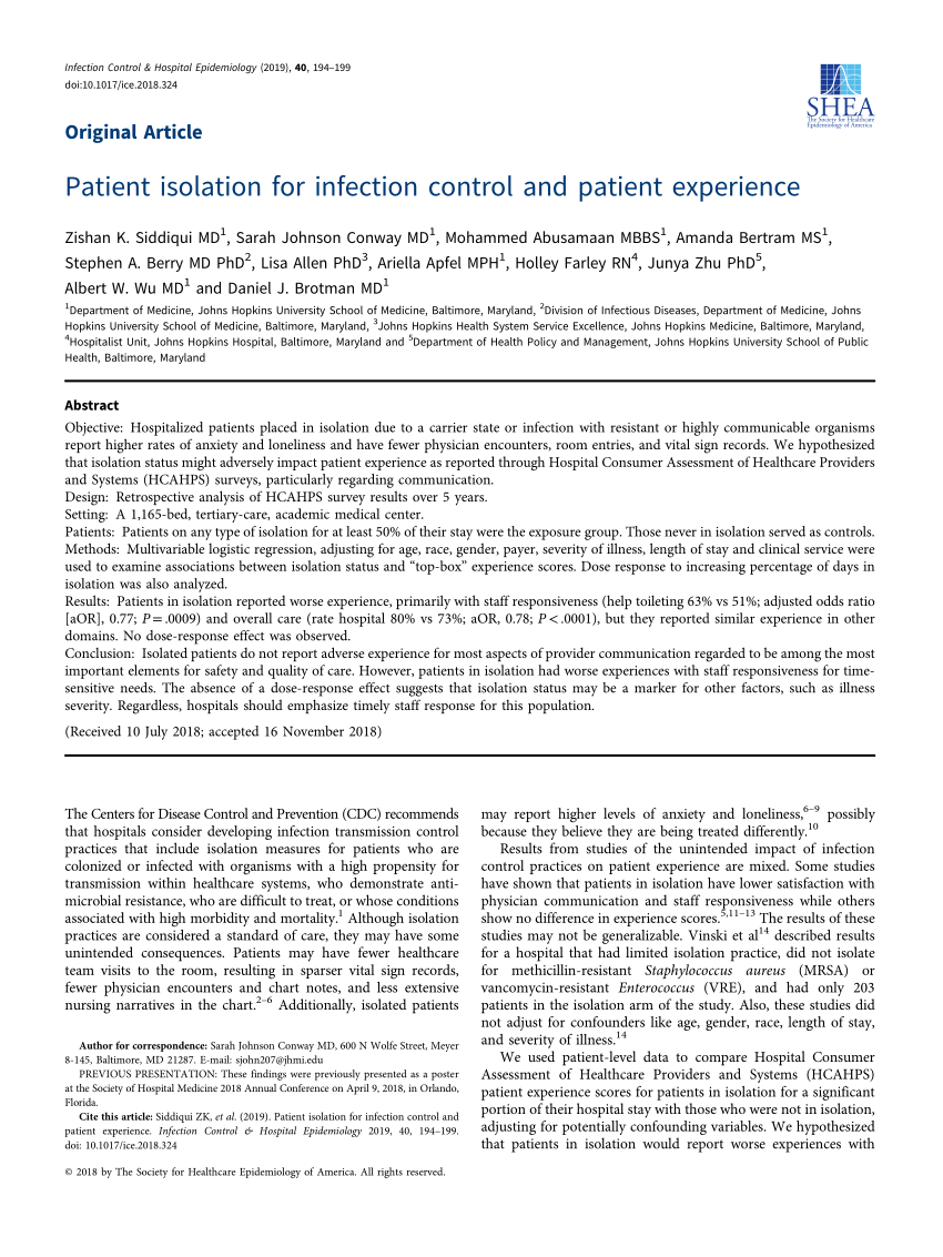 (PDF) Patient isolation for infection control and patient experience