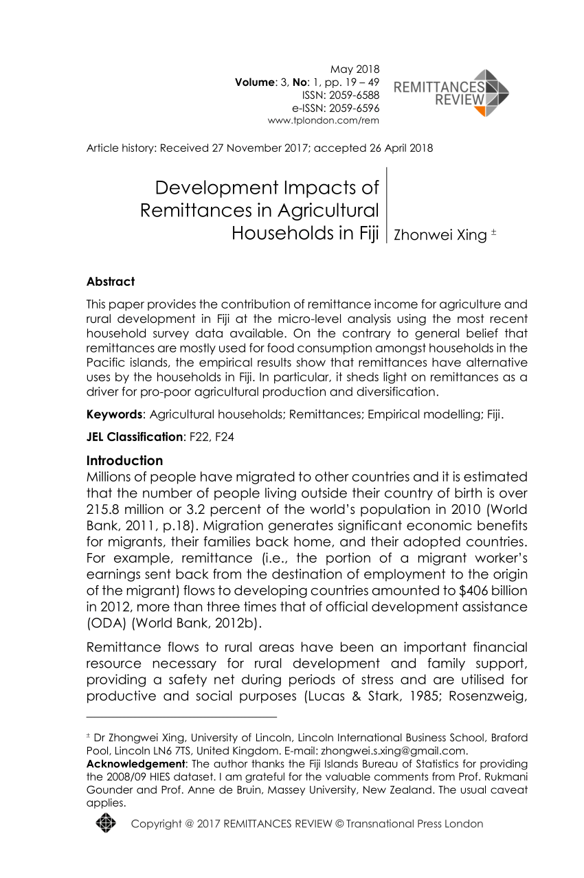 PDF) Development Impacts of Remittances in Agricultural Households