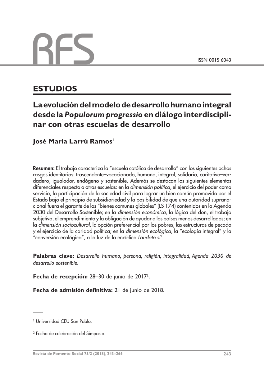 PDF) La evolución del modelo de desarrollo humano integral desde la  Populorum progressio en diálogo interdisciplinar con otras escuelas de  desarrollo