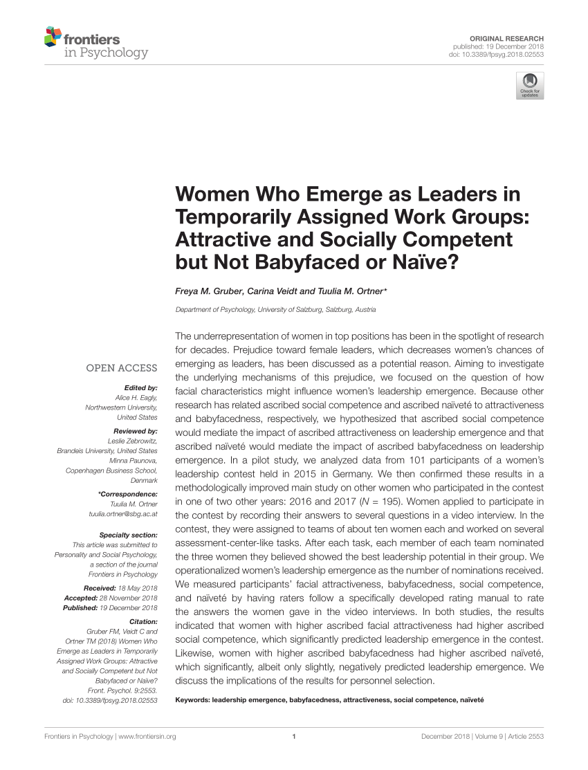 Pdf Women Who Emerge As Leaders In Temporarily Assigned Work Groups Attractive And Socially Competent But Not Babyfaced Or Naive