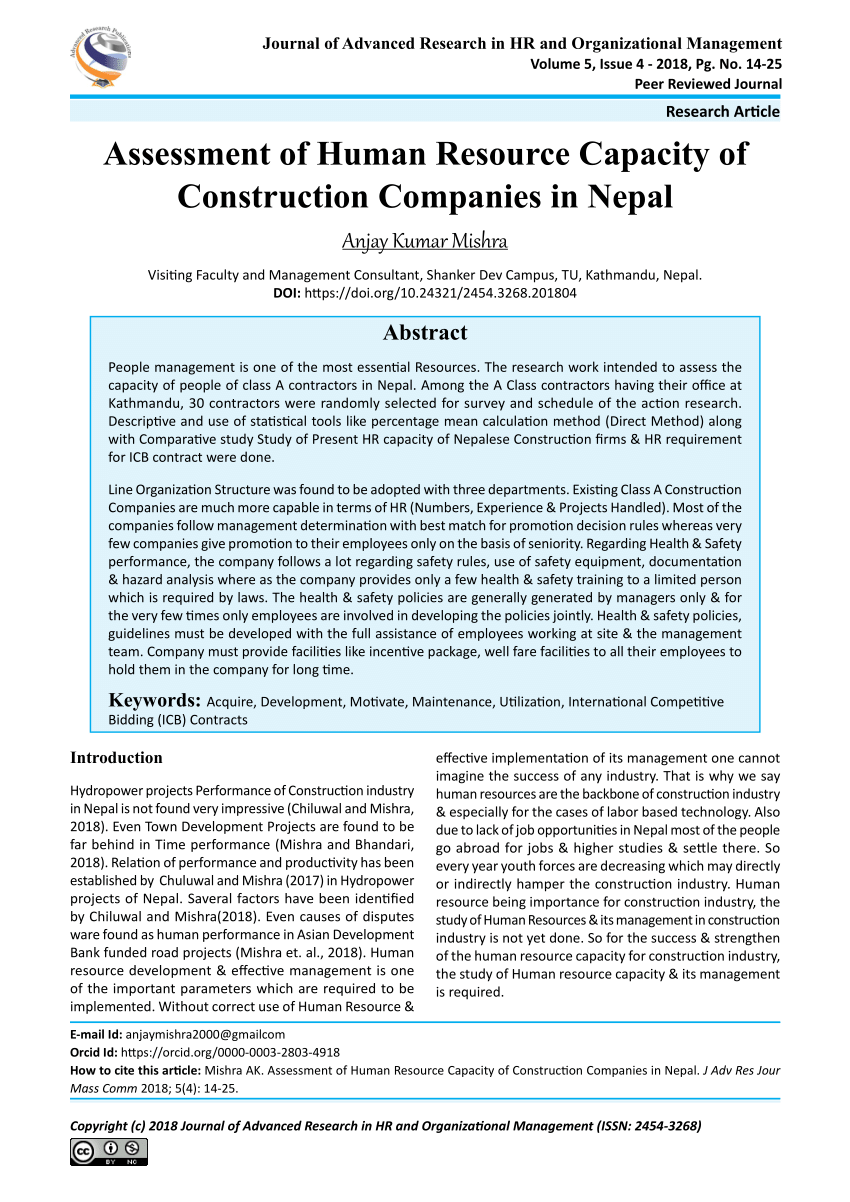 Pdf Assessment Of Human Resource Capacity Of Construction Companies In Nepal