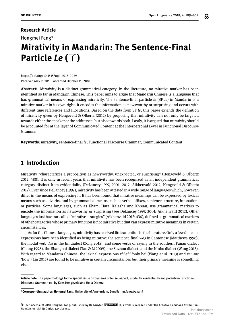 PDF Mirativity in Mandarin The Sentence Final Particle Le