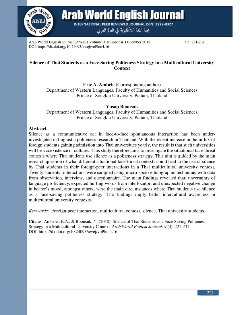 Pdf Silence Of Thai Students As A Face Saving Politeness Strategy In A Multicultural University Context