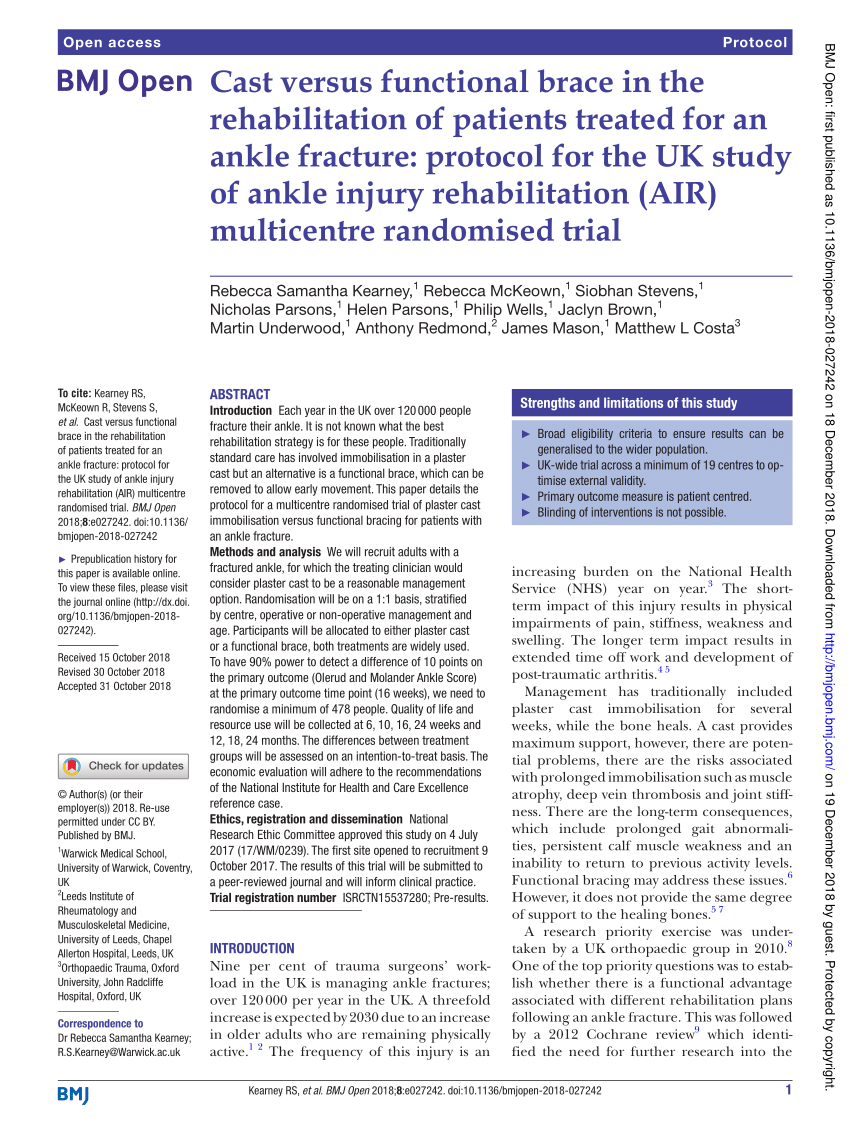 Protocol for the Weight-bearing in Ankle Fractures (WAX) trial: a  multicentre prospective non-inferiority trial of early versus delayed  weight-bearing after operatively managed ankle fracture, BMC  Musculoskeletal Disorders