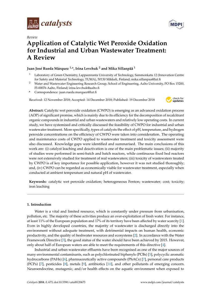 Pdf Application Of Catalytic Wet Peroxide Oxidation For Industrial And Urban Wastewater Treatment A Review