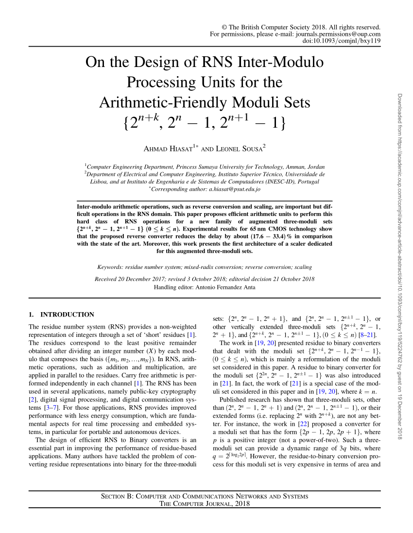 Pdf On The Design Of Rns Inter Modulo Processing Units For The Arithmetic Friendly Moduli Sets 2 N K 2 N 1 2 N 1 1