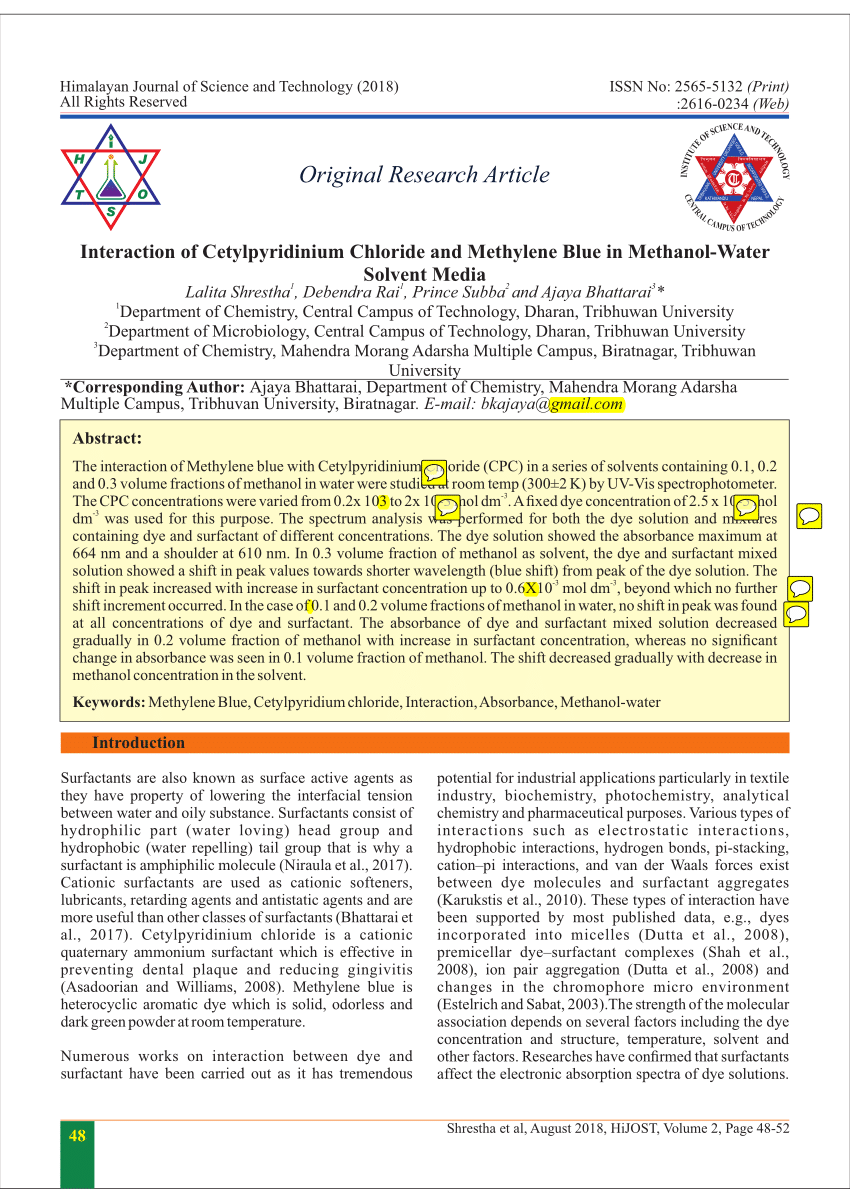 Pdf Interaction Of Cetylpyridinium Chloride And Methylene Blue In Methanol Water Solvent Media