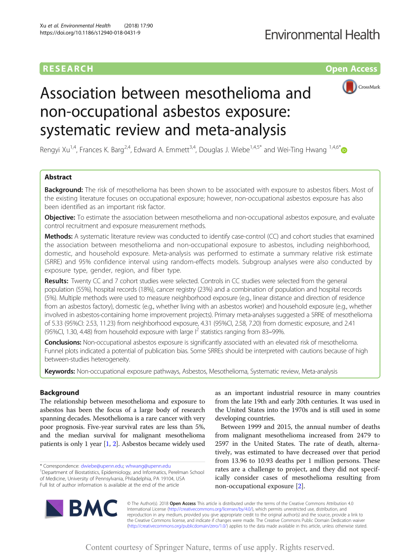 Pdf Association Between Mesothelioma And Non Occupational Asbestos Exposure Systematic Review And Meta Analysis