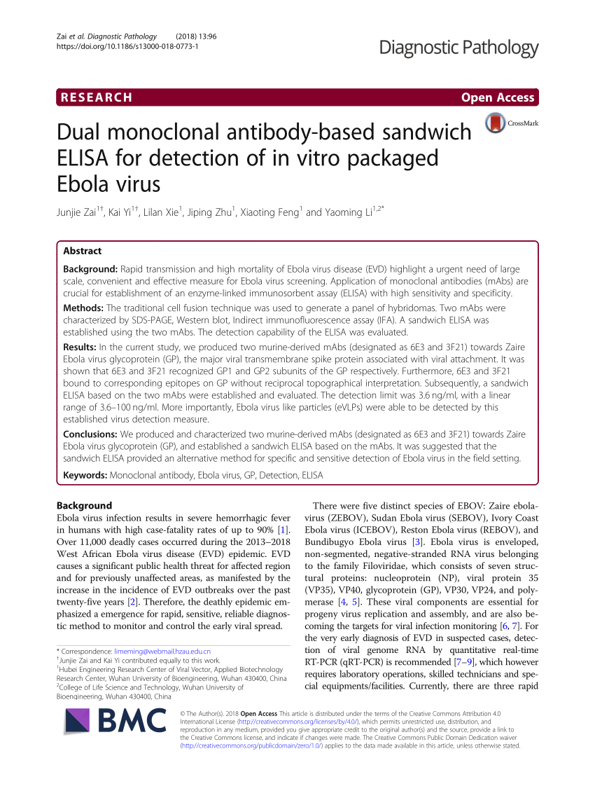 PDF) Dual monoclonal antibody-based sandwich ELISA for detection of in  vitro packaged Ebola virus