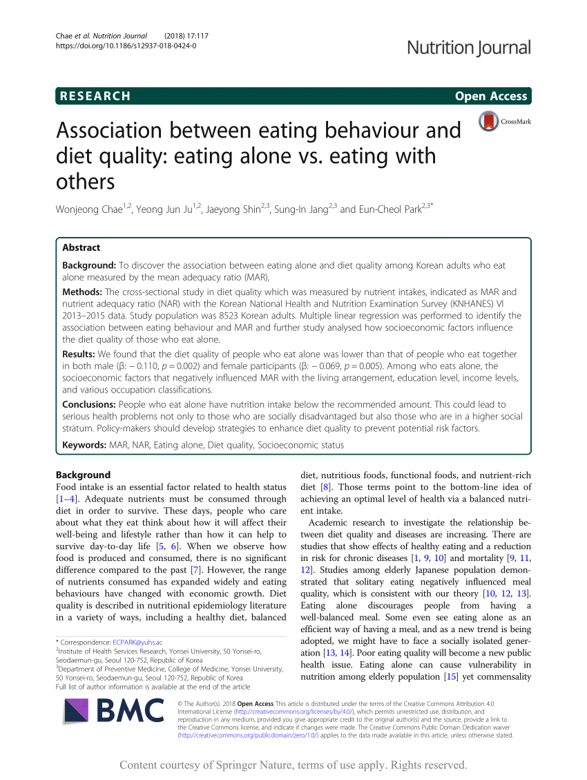 Pdf Association Between Eating Behaviour And Diet Quality Eating Alone Vs Eating With Others