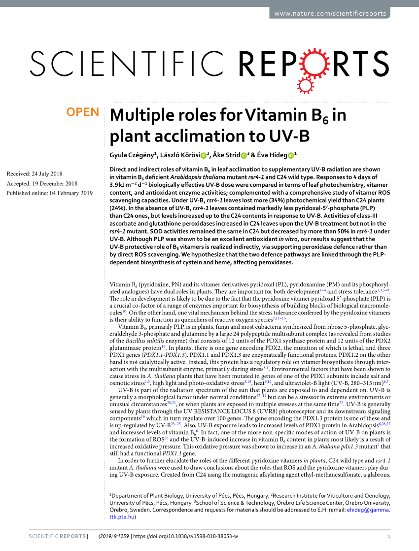 Pdf Multiple Roles For Vitamin B6 In Plant Acclimation To Uv B