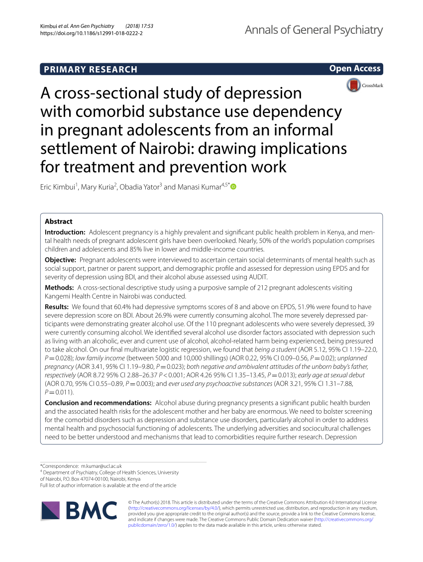 pdf a cross sectional study of depression with comorbid substance use dependency in pregnant adolescents from an informal settlement of nairobi drawing implications for treatment and prevention work