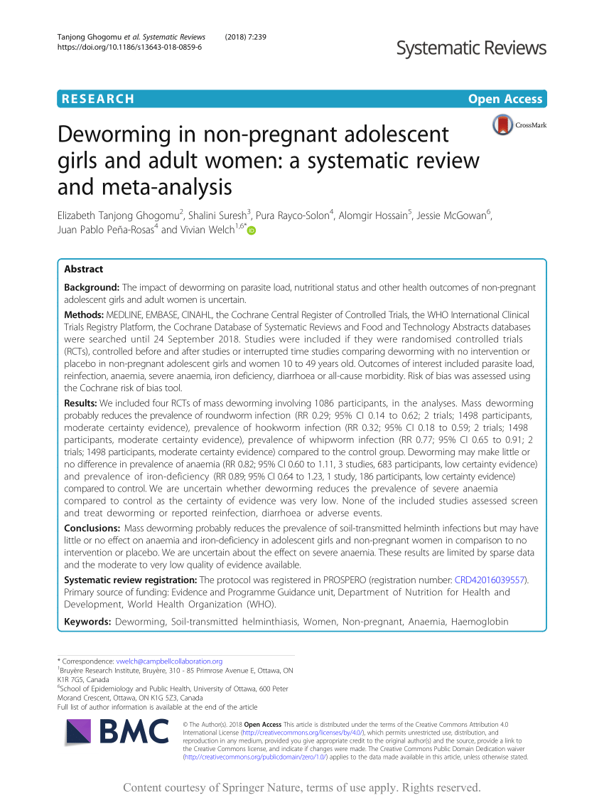 PDF) Deworming in non-pregnant adolescent girls and adult women: a  systematic review and meta-analysis