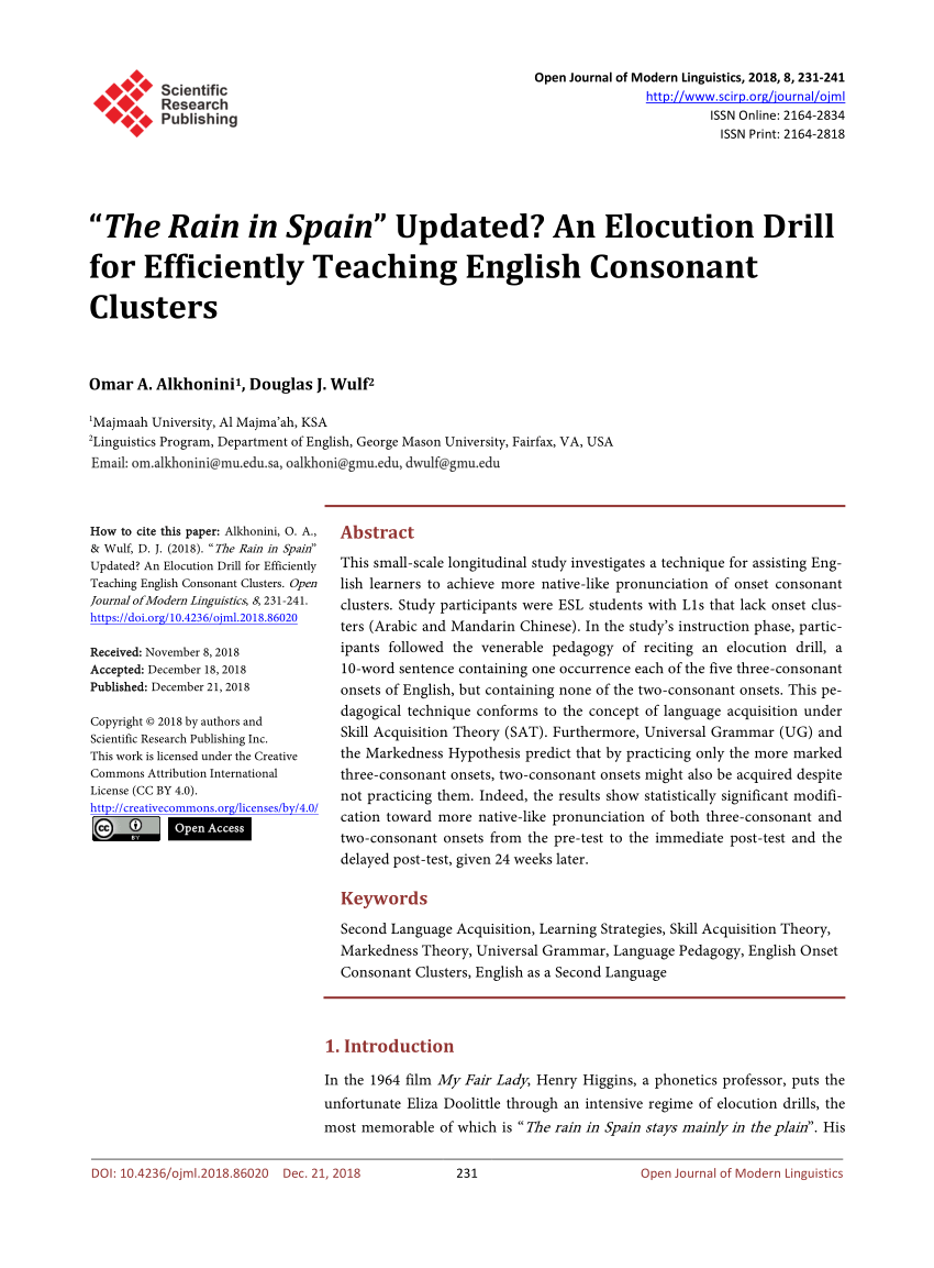 Pdf The Rain In Spain Updated An Elocution Drill For Efficiently Teaching English Consonant Clusters