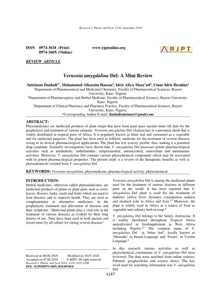 literature review on vernonia amygdalina pdf