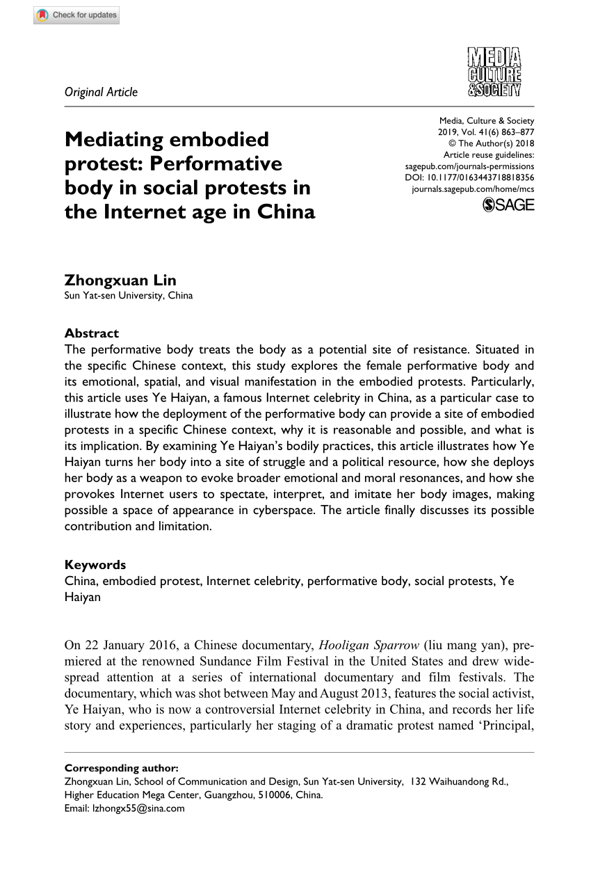 Pdf Mediating Embodied Protest Performative Body In Social Protests In The Internet Age In China