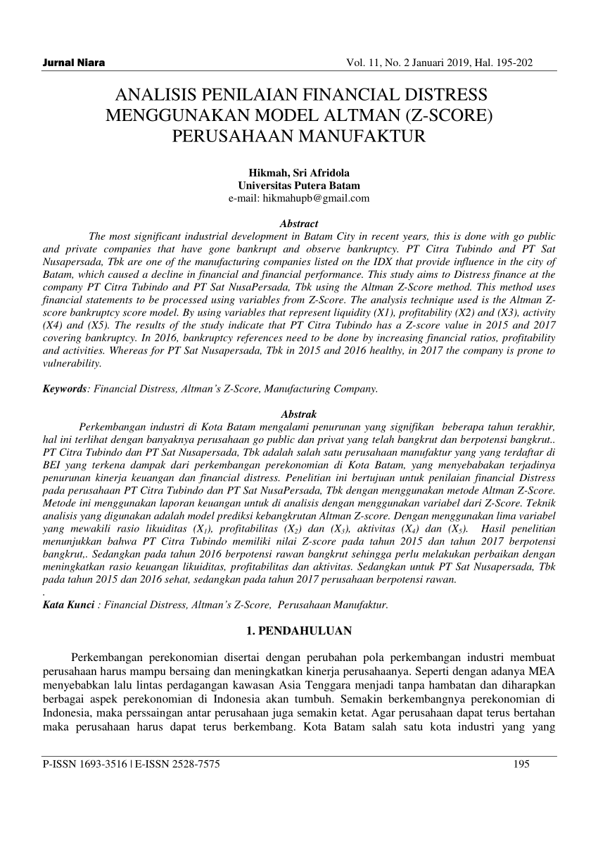 (PDF) ANALISIS PENILAIAN FINANCIAL DISTRESS MENGGUNAKAN MODEL ALTMAN (Z ...