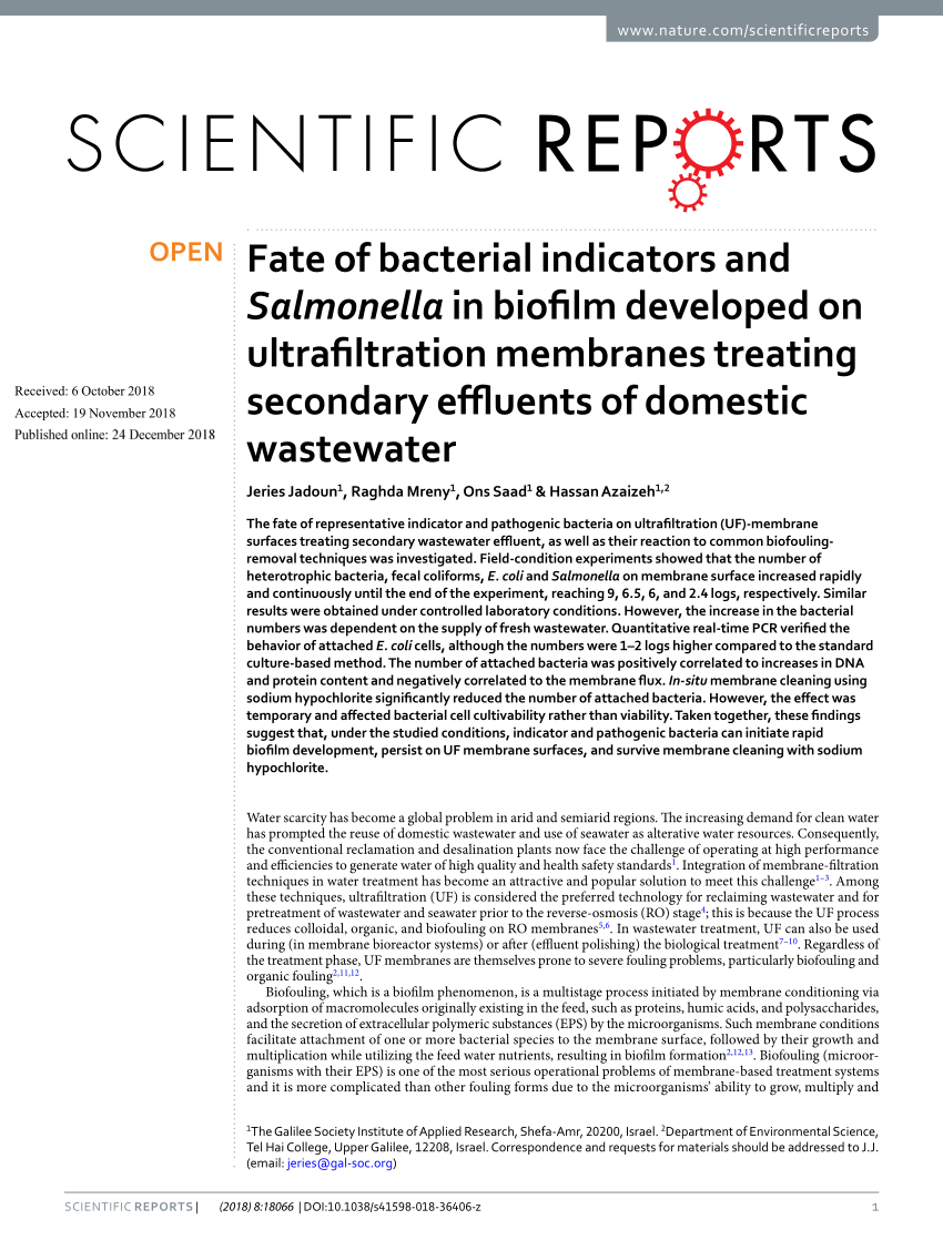 Pdf Fate Of Bacterial Indicators And Salmonella In Biofilm Developed On Ultrafiltration Membranes Treating Secondary Effluents Of Domestic Wastewater