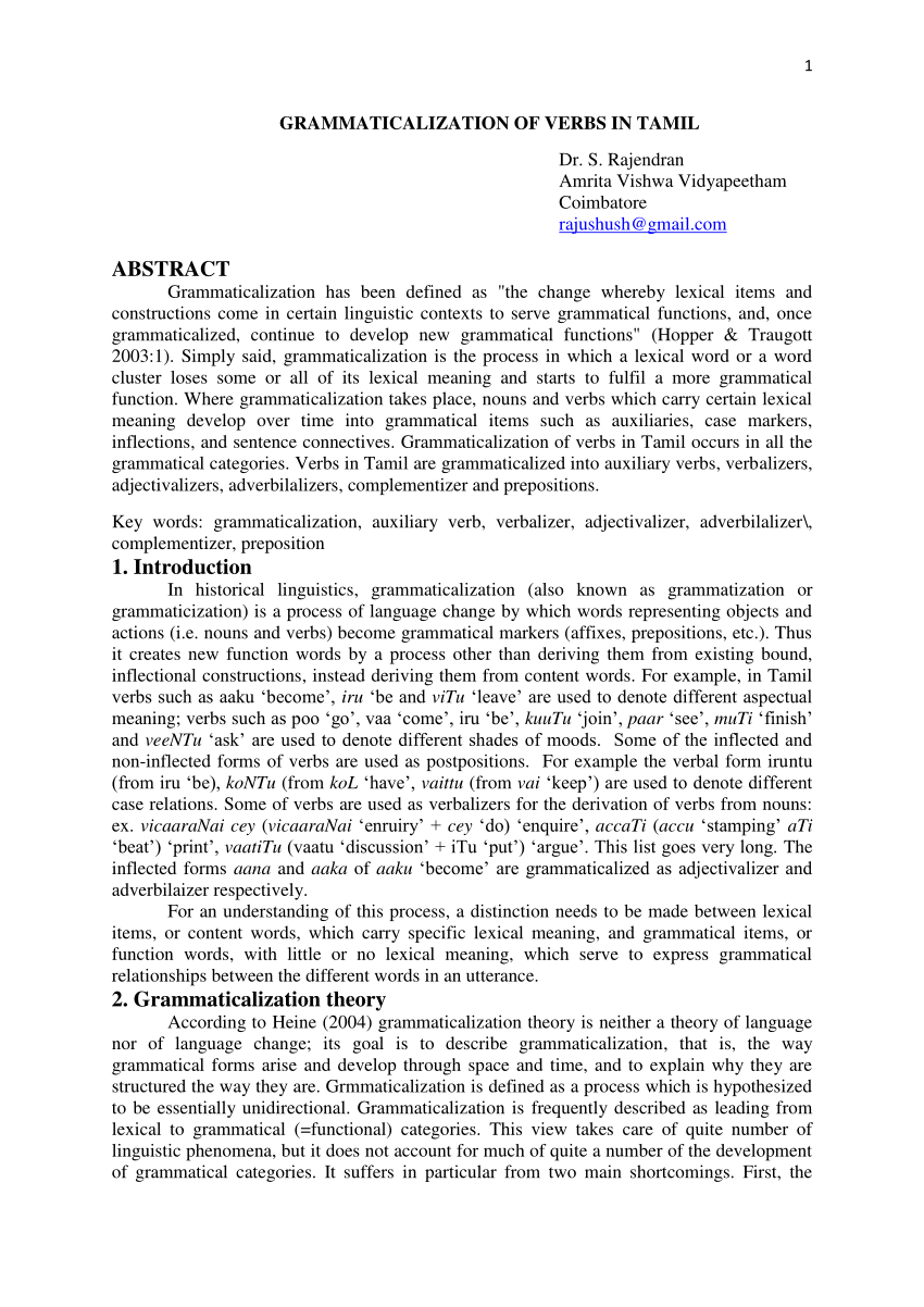 PDF GRAMMATICALIZATION OF VERBS IN TAMIL