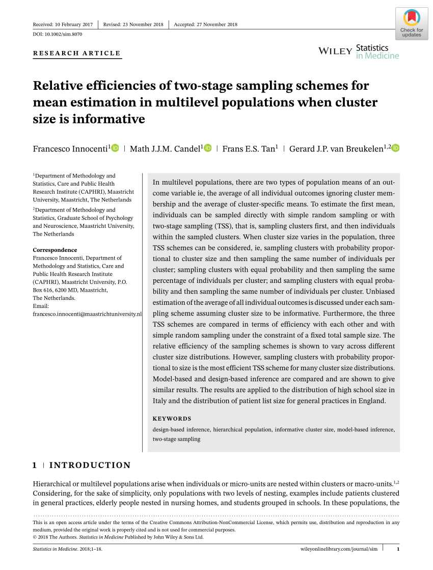 Pdf Relative Efficiencies Of Two Stage Sampling Schemes For Mean Estimation In Multilevel Populations When Cluster Size Is Informative