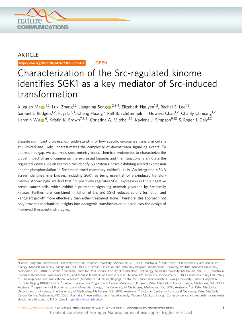 PDF) Characterization of the Src-regulated kinome identifies SGK1 as a key  mediator of Src-induced transformation