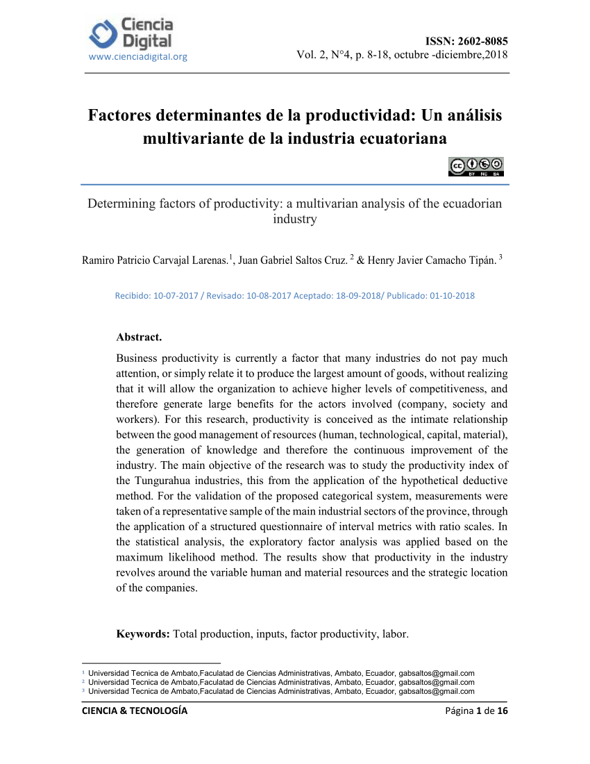 PDF) Factores determinantes de la productividad: Un análisis multivariante  de la industria ecuatoriana