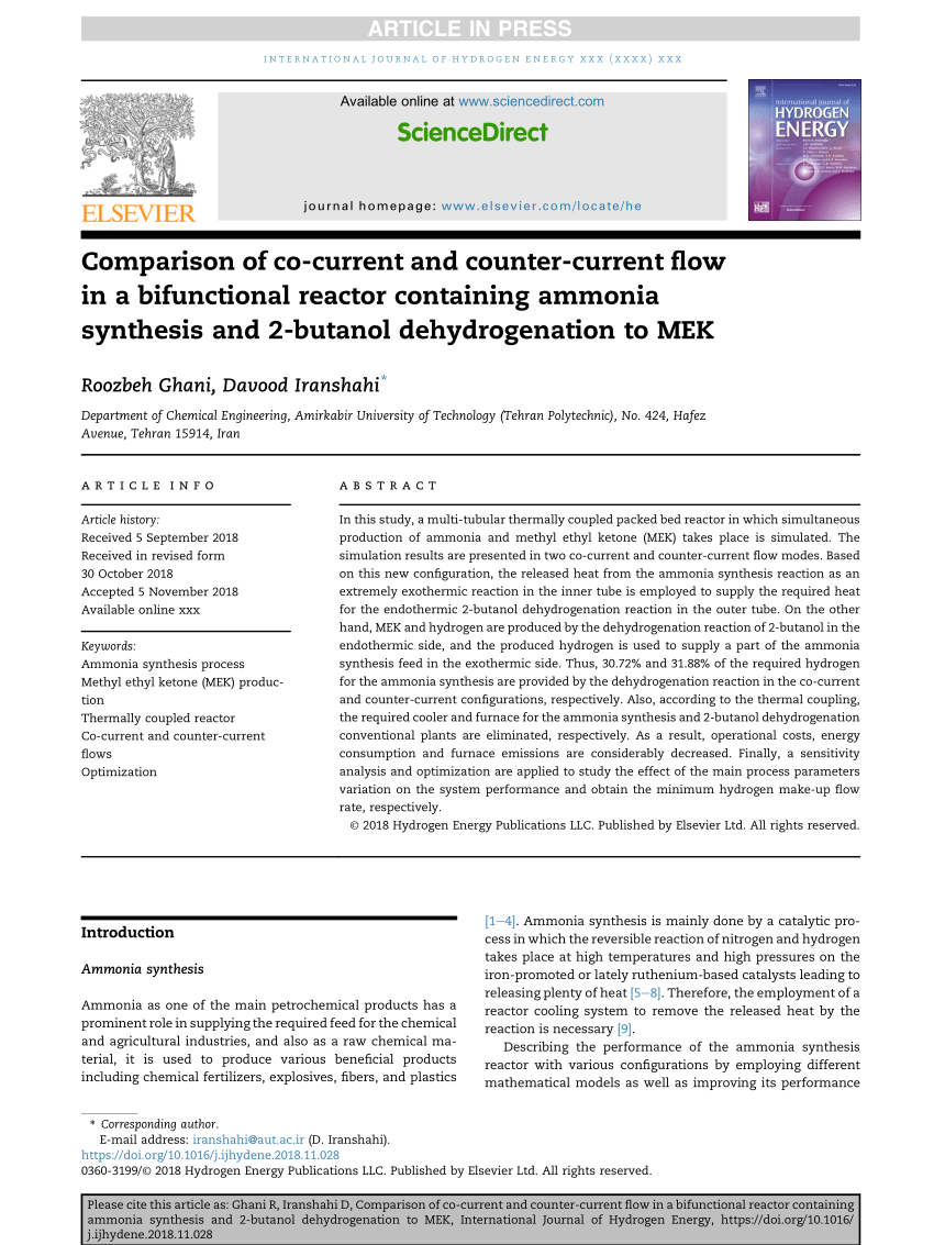 Pdf Comparison Of Co Current And Counter Current Flow In A Bifunctional Reactor Containing Ammonia Synthesis And 2 Butanol Dehydrogenation To Mek