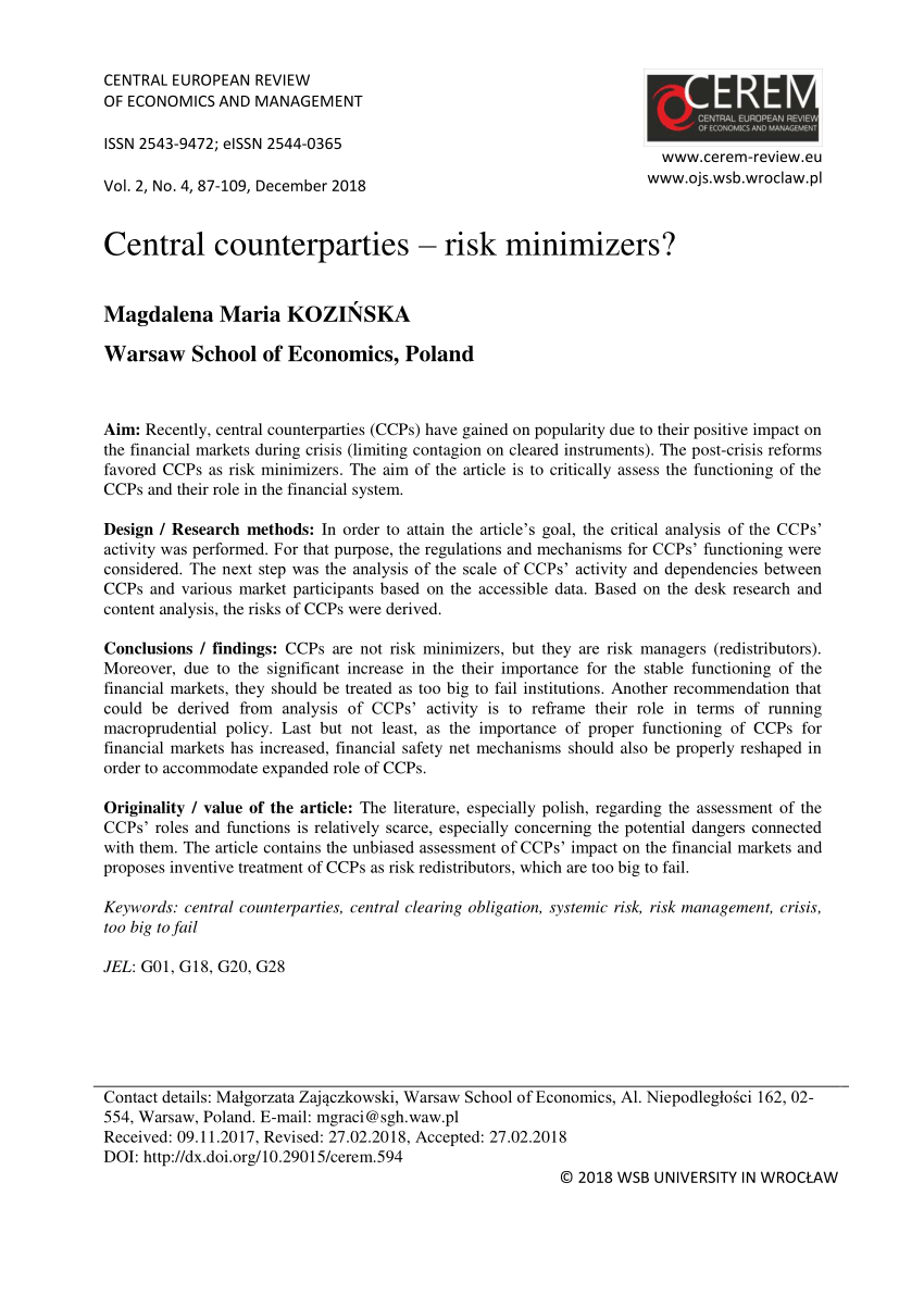 Pdf Central Counterparties Risk Minimizers