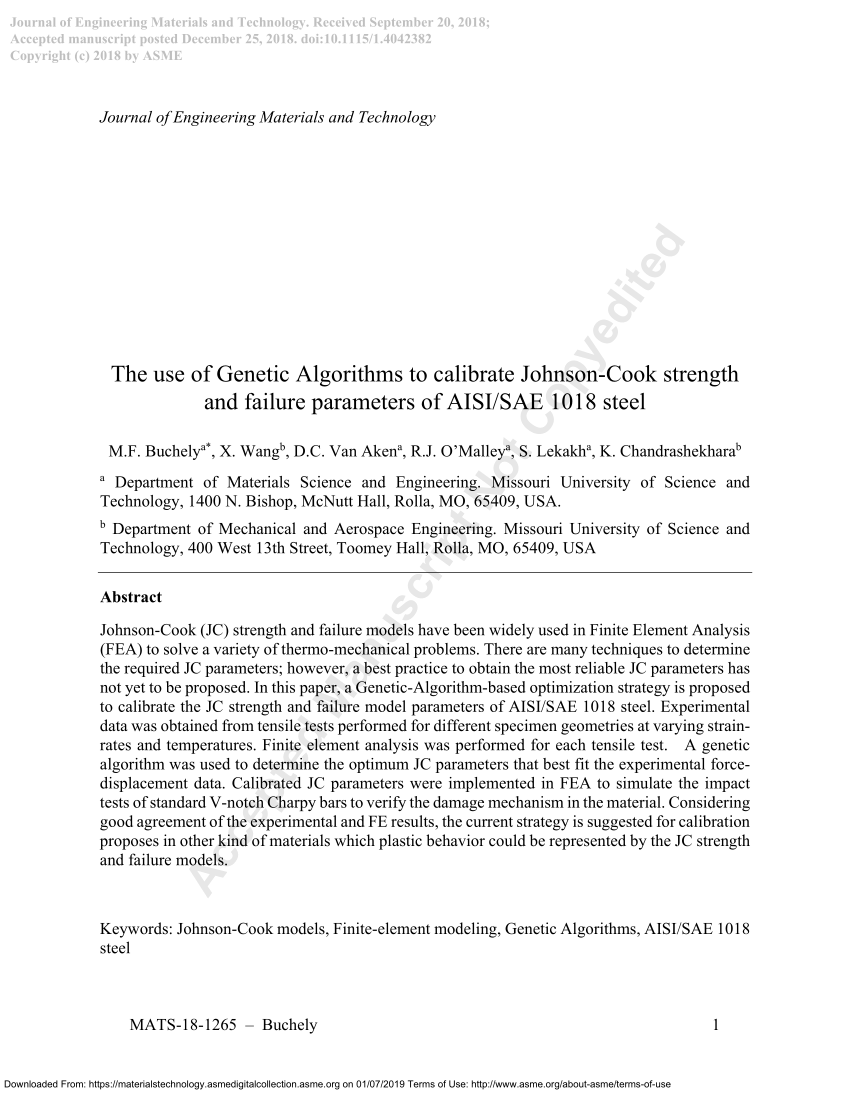 Pdf The Use Of Genetic Algorithms To Calibrate Johnson Cook Strength And Failure Parameters Of Aisi Sae 1018 Steel