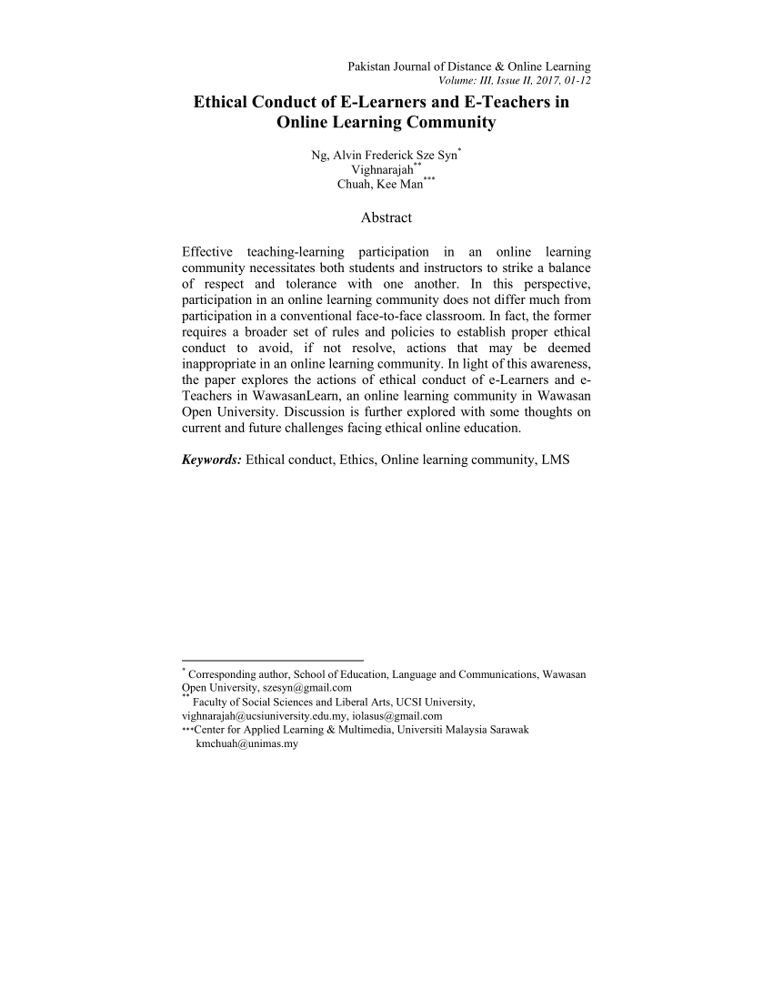Pdf Ethical Conduct Of E Learners And E Teachers In Online Learning Community