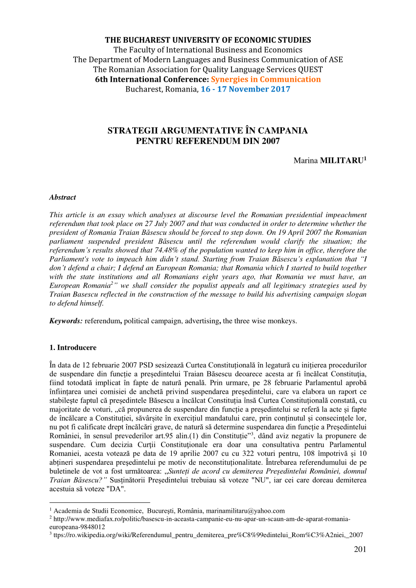 Pdf Strategii Argumentative In Campania Pentru Referendum Din 2007