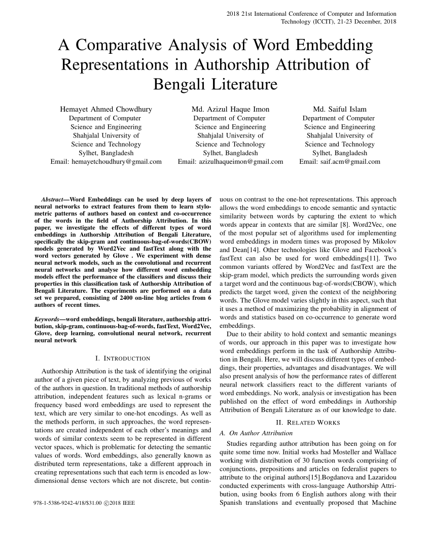 PDF) A Comparative Analysis Word Representations Authorship Attribution of Bengali Literature