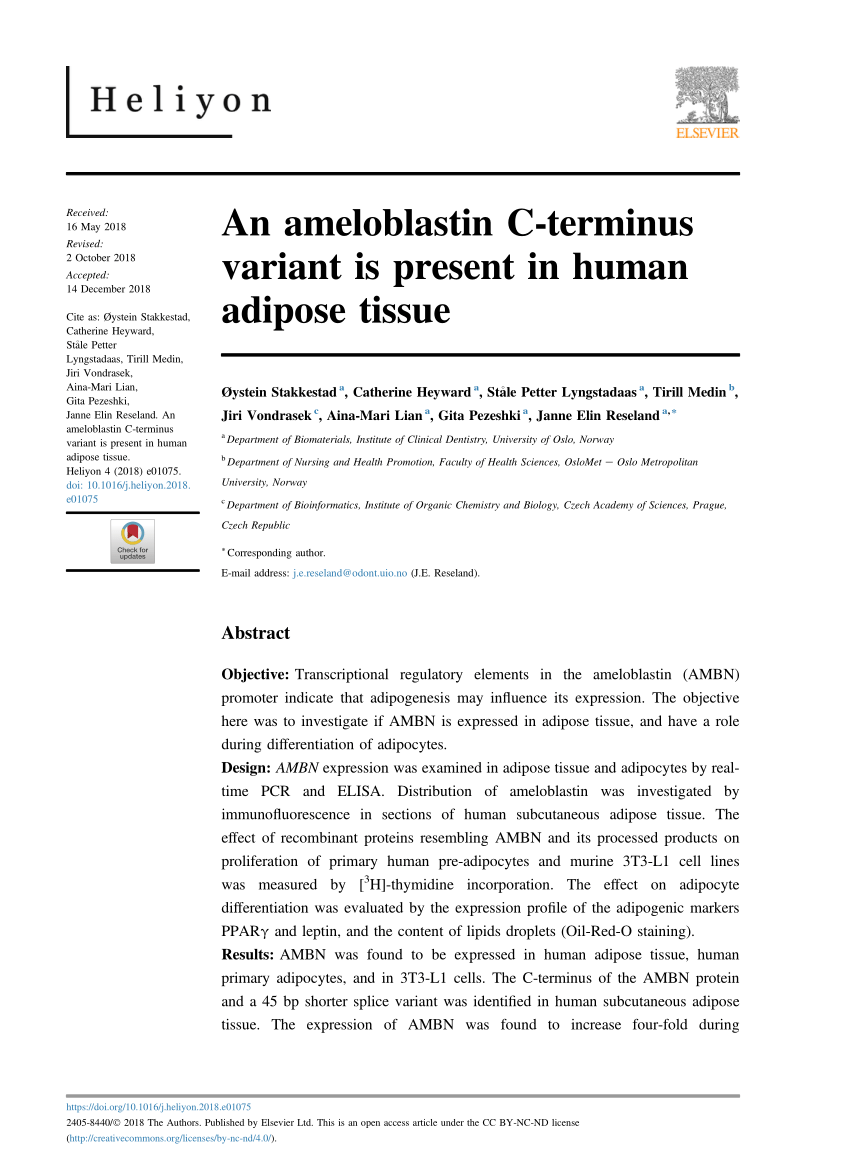 Pdf An Ameloblastin C Terminus Variant Is Present In Human Adipose Tissue