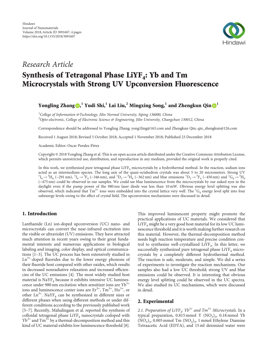 (PDF) Synthesis of Tetragonal Phase LiYF 4 : Yb and Tm 