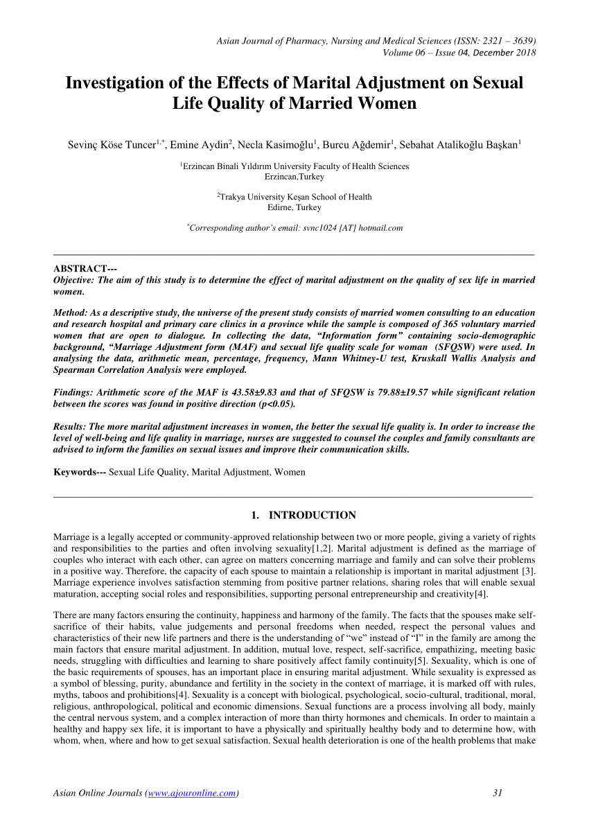 PDF) Investigation of the Effects of Marital Adjustment on Sexual Life  Quality of Married Women