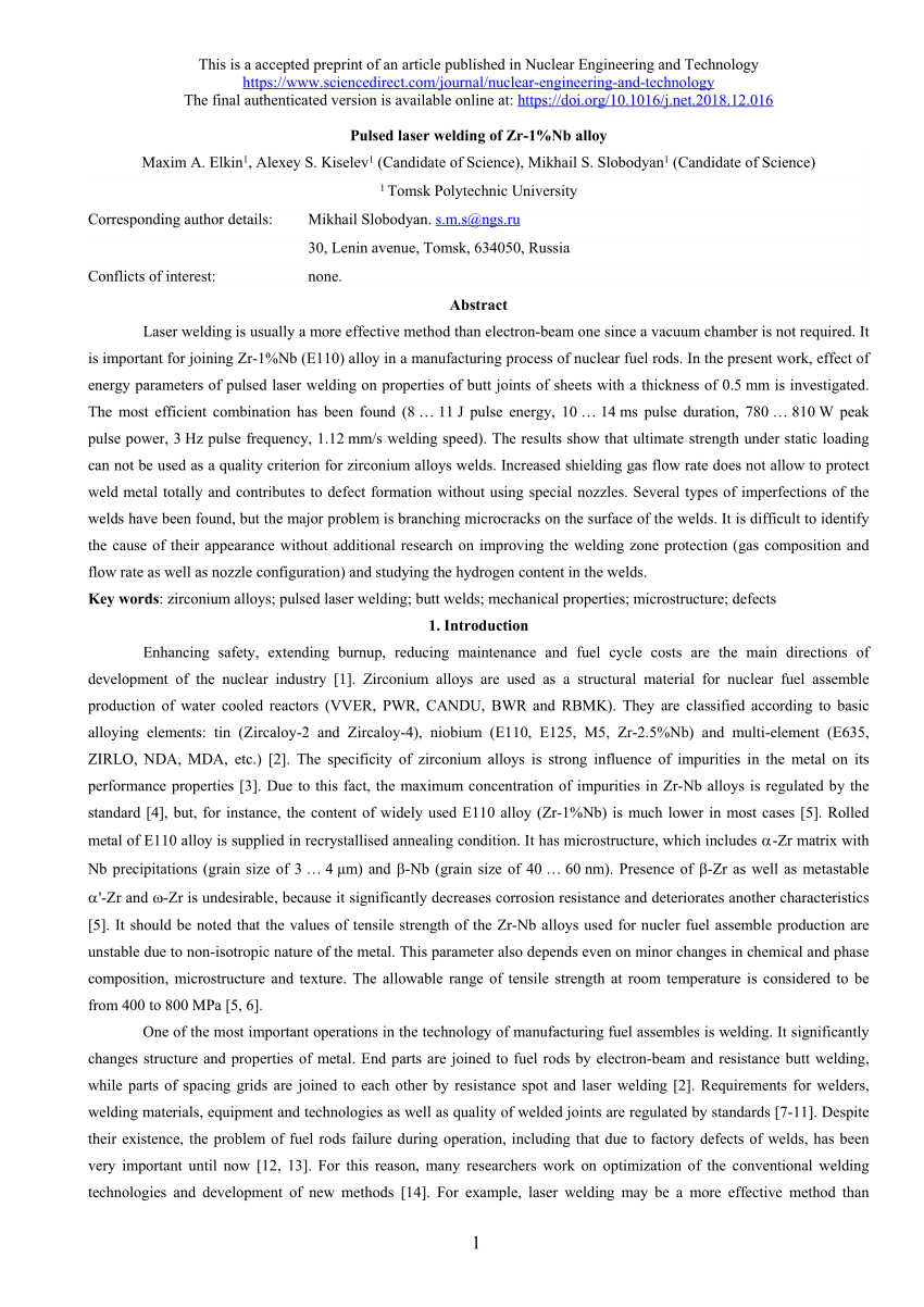 (PDF) Pulsed laser welding of Zr 1%Nb alloy