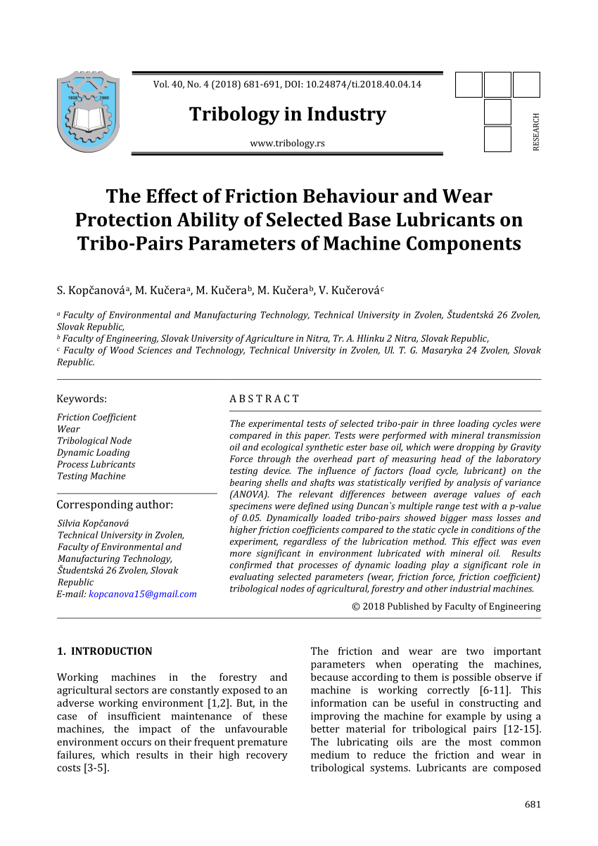PDF) The Effect of Friction Behaviour and Wear Protection Ability of  Selected Base Lubricants on Tribo-pairs Parameters of Machine Components