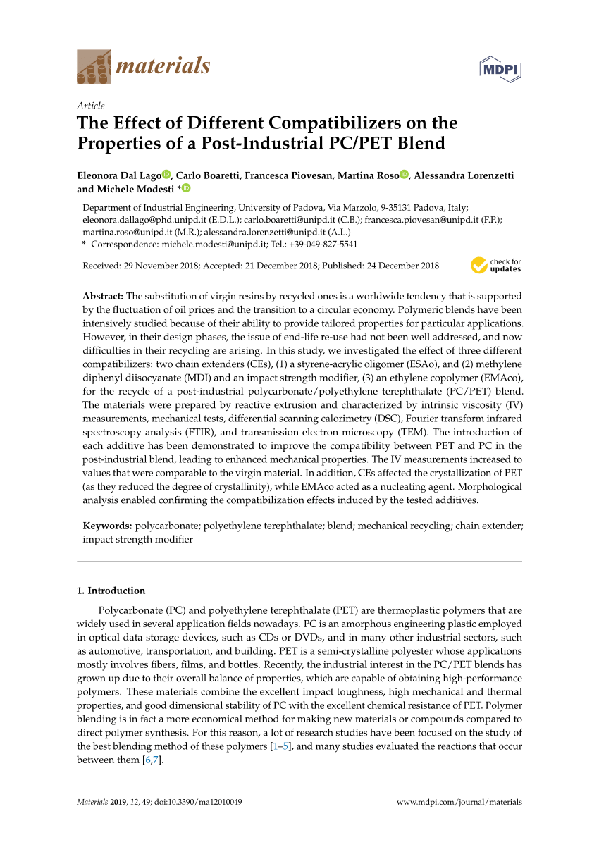 Pdf The Effect Of Different Compatibilizers On The Properties Of A Post Industrial Pc Pet Blend