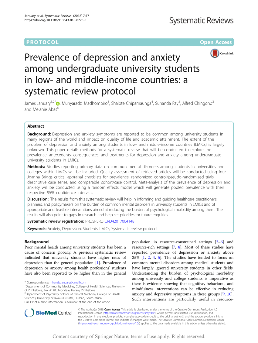 PDF) Prevalence of depression and anxiety among undergraduate university  students in low- and middle-income countries: A systematic review protocol