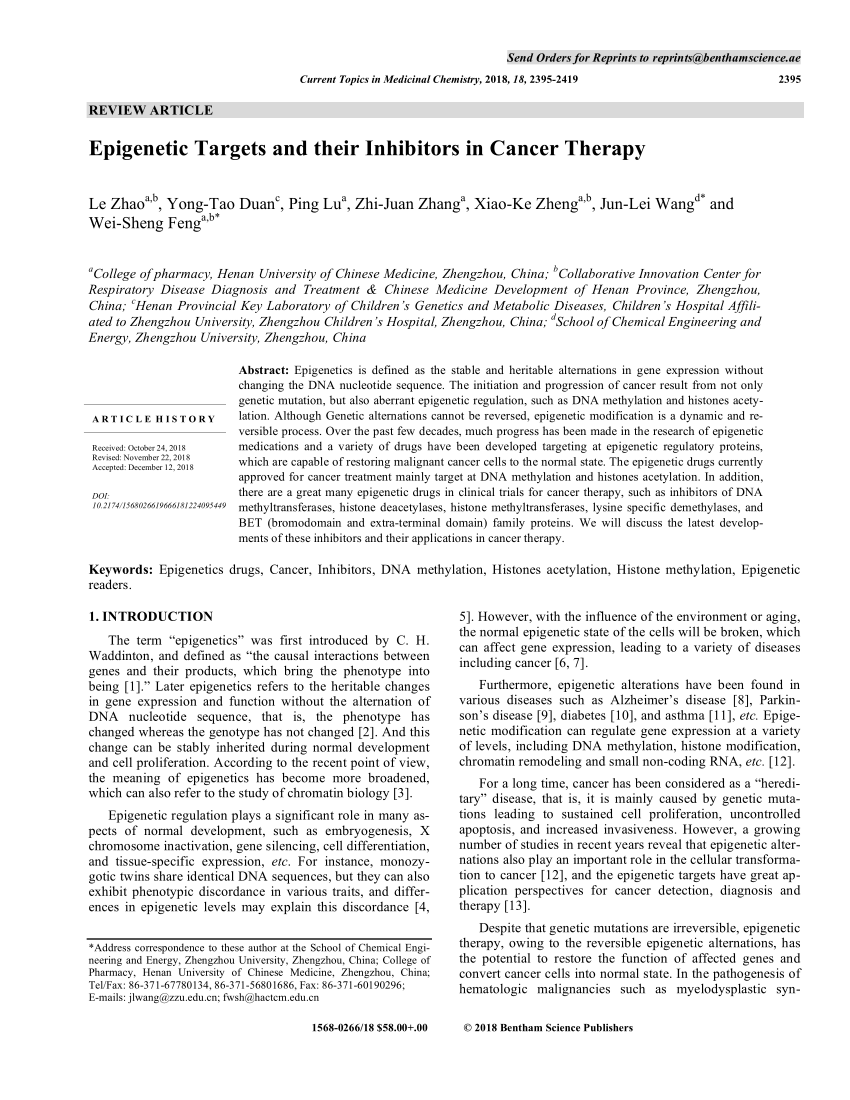 Pdf Epigenetic Targets And Their Inhibitors In Cancer Therapy